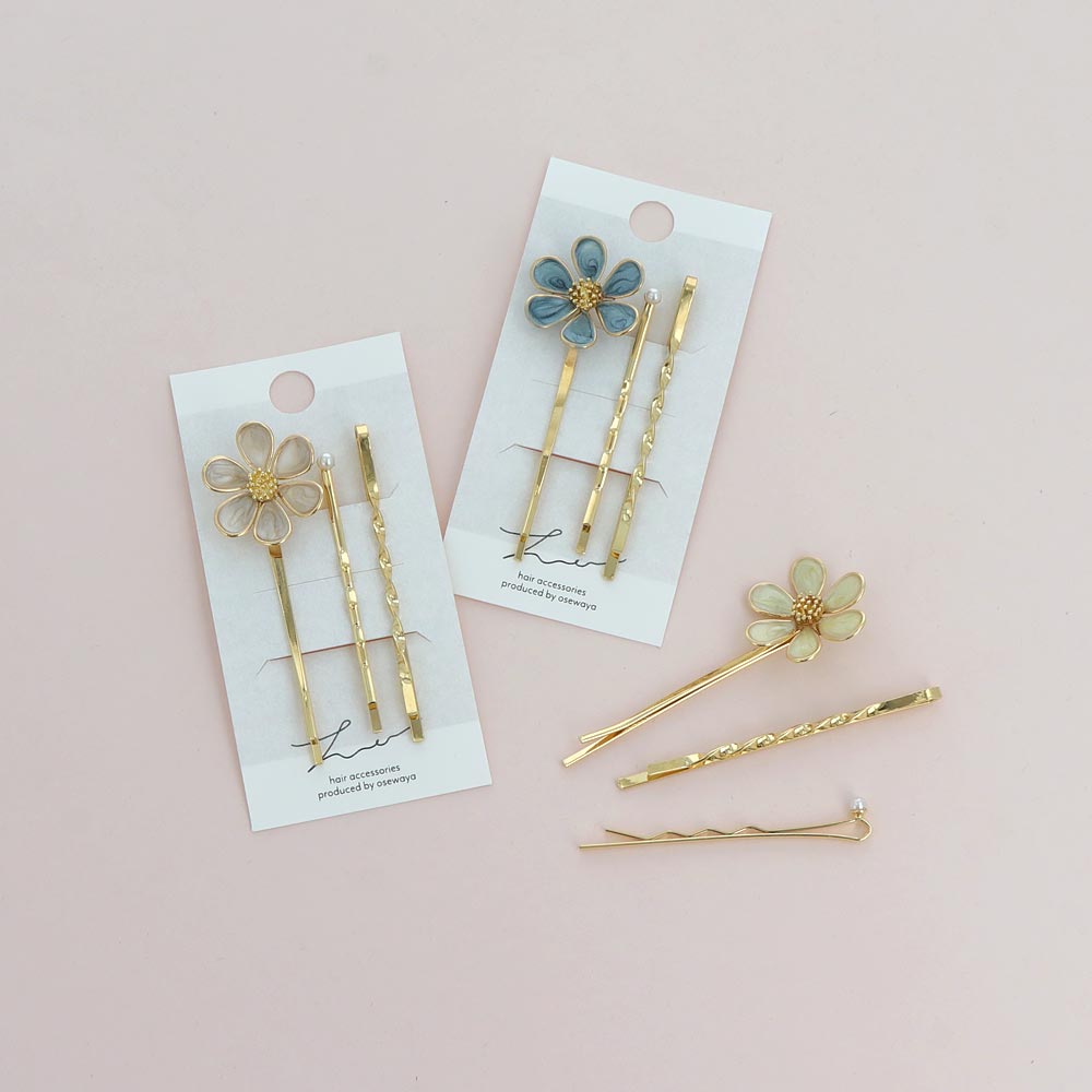 ヘアピン メタル フラワー 花 マーブル エポ ミニ パール ツイスト 3本