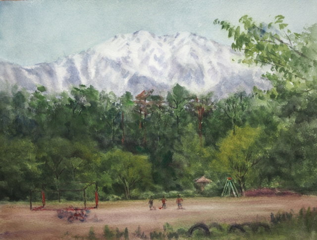 山崎数男「モンブランへアルプスの街」約6号水彩,郷愁のアルプス臨場