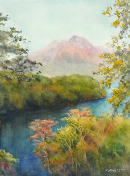 水彩画・甲斐駒ヶ岳を望むススキ野原・原画 水彩画・甲斐駒ヶ岳を望む