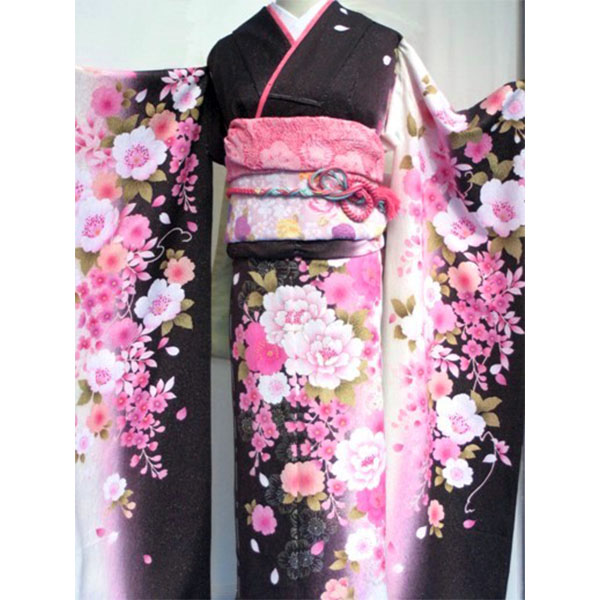 振袖フルセットピンク系 花柄 振袖 黒帯