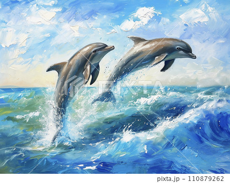 夏の海とジャンプする2頭のイルカの油絵 AI画像のイラスト素材
