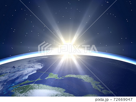 地球 日本 夜明け 日の出 朝陽 別角度(星あり)のイラスト素材