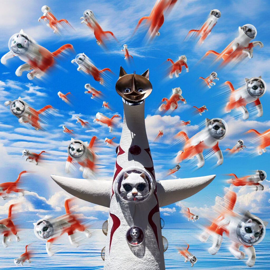 絵画。原画【神秘的な花の基地で、猫ちゃんたちは月を持って未来を