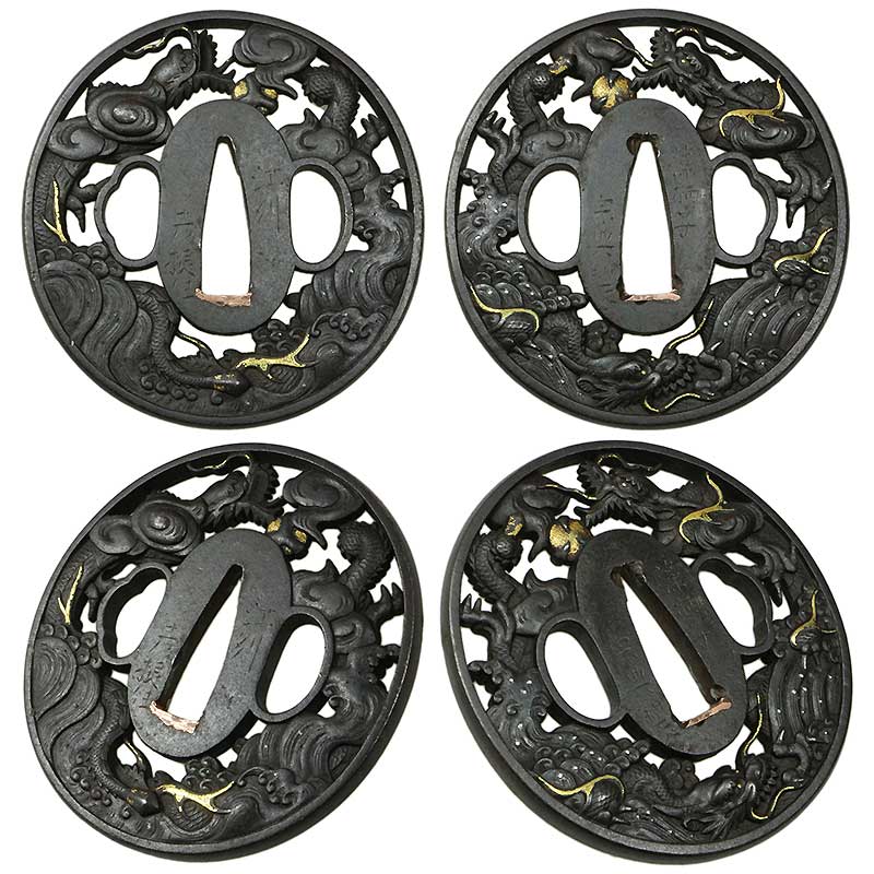 日本刀の鐔・鍔｜鉄地双龍図透かし 銘／江州彦根