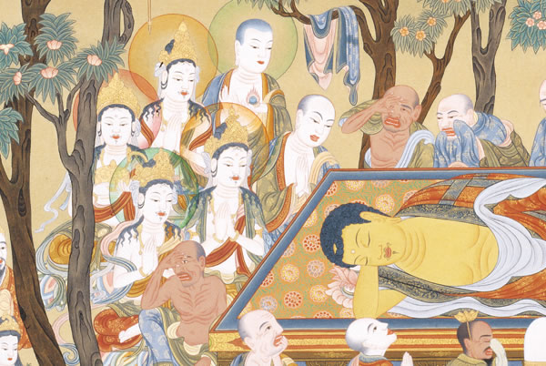 極彩色 釈迦涅槃図」江戸時代中期頃筆 1幅|仏教美術 仏像 和本 古典籍