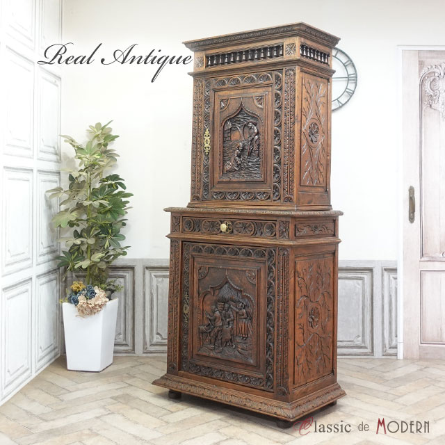 フランスアンティーク木製*大理石キャビネット/ナイトテーブル机(90-35