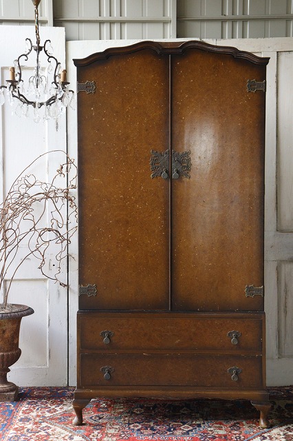 英国アンティーク 古いワードローブ 洋服箪笥 木製 無垢 ミラー 引出し