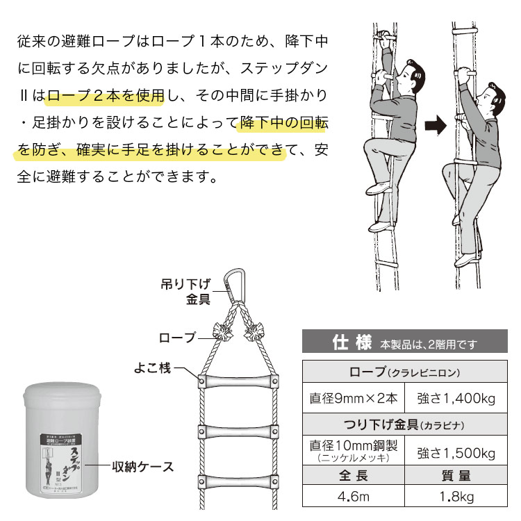 楽天市場】避難ロープ 2階用 ステップダン2 カラビナフック式 5013