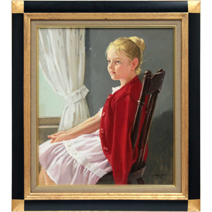 絵画油彩画少女山岸正巳「赤いカーデガン」