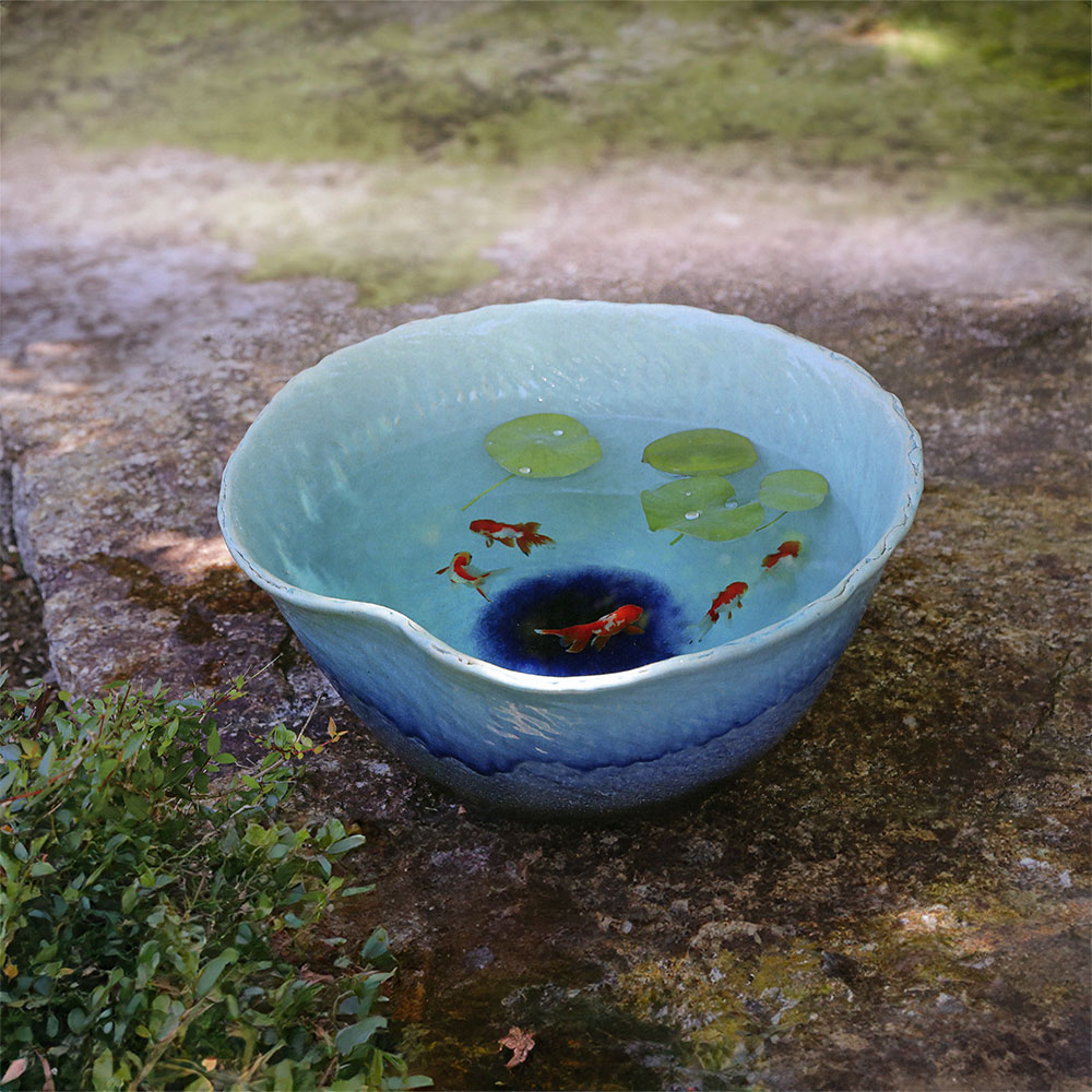 陶器製 水鉢 緑と茶色のグラデーション