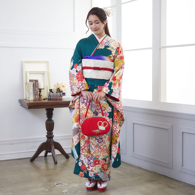 楽天市場】【成人式 振袖 レンタル】RS1667 正絹 深緑 薬玉フルセット