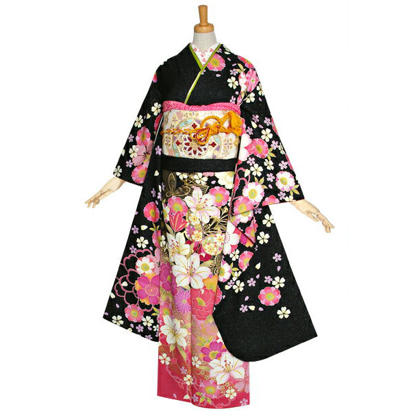 楽天市場】【成人式 振袖 レンタル】RS1099 正絹 黒 桜と百合に蝶フル