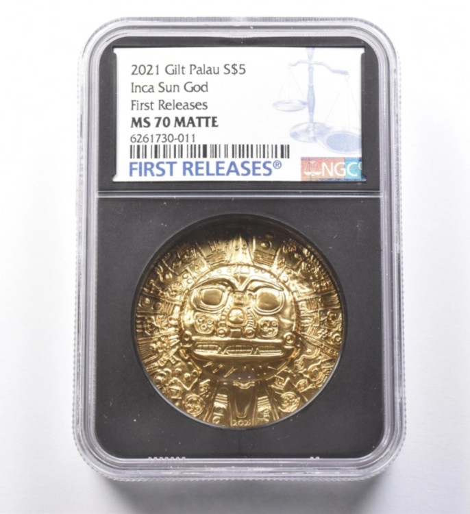 インカ帝国の太陽神 2021 パラオ MS70 5ドル ハイレリーフ銀貨