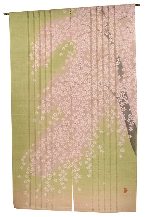 手描き麻暖簾【枝垂櫻】手染め 桜のれん 巾77×158cm 一点物