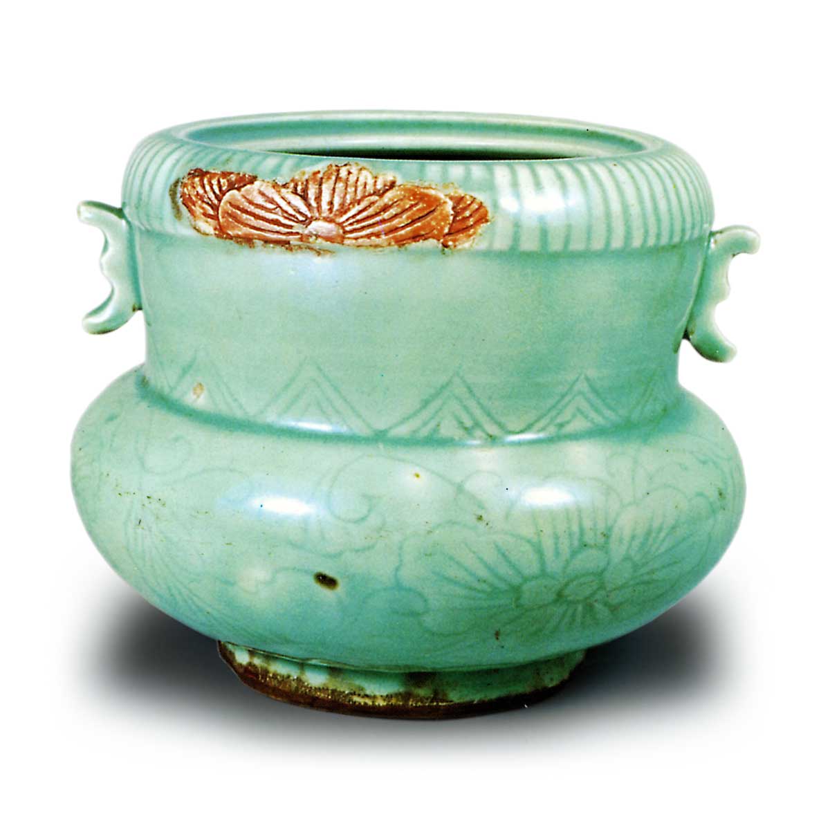 信焼 青磁 唐草彫 水指 中郷窯 銘「郷」茶道具 共布 共箱□