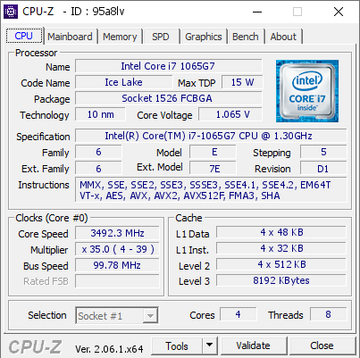 Intel Core i7 1065G7 @ 3492.3 MHz - CPU-Z VALIDATOR