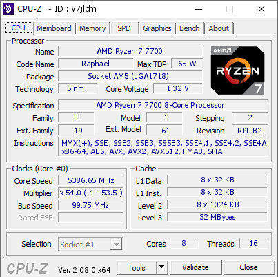 AMD Ryzen 7 7700 @ 5386.65 MHz - CPU-Z VALIDATOR