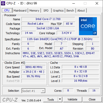 Intel Core i7 11700 @ 3890.48 MHz - CPU-Z VALIDATOR