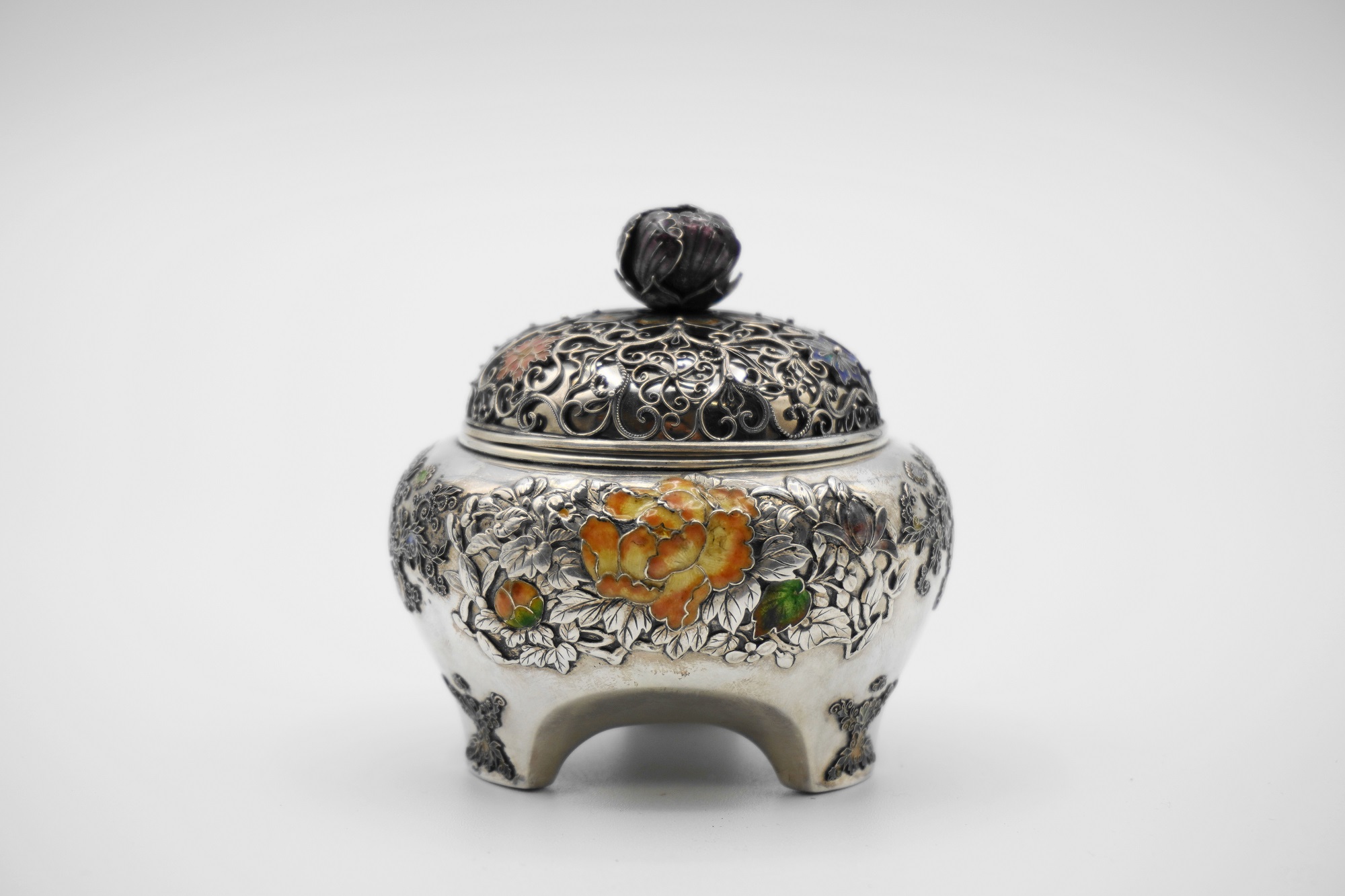 鳥の彫刻付き金属製香炉 102 香炉 花柄彫刻の金属製容器