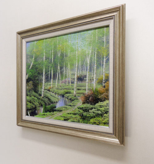 油彩画】早瀬遼 作 白樺林 肉筆画 F10 新緑美しく春〜夏に運気向上する