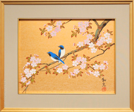 美品 平尾秀明「早春」日本画 肉筆画 共シール有 ジョウビタキ 花鳥 日