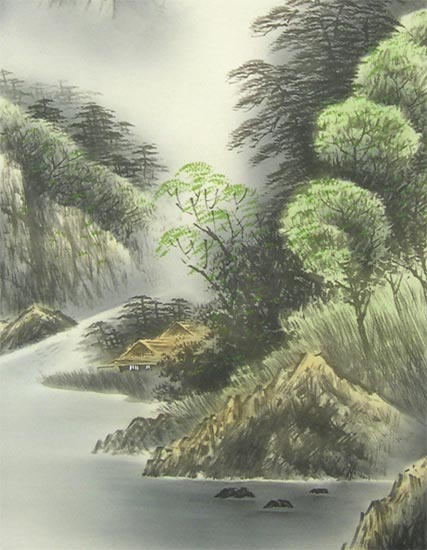 真作】掛軸 山水高瀑図 文人趣あふれる墨彩山水画 余韻深き一幅