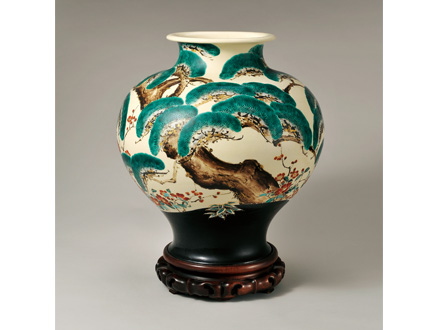 壷□鶴松竹梅耳付き大瓶 大清乾隆年製 伴富貴住田沸堂春 花瓶 花唐草紋