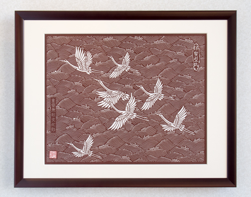 伝統工芸】伊勢型紙 額装品「鶴」手彫り おおすぎ謹製 縁起物 伝統工芸