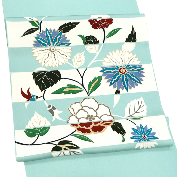 オンラインカタログ]京友禅 塩瀬名古屋帯 水色 正絹 染め帯 横段 花