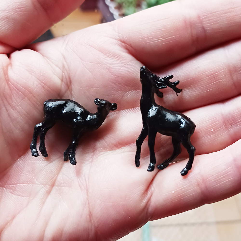 ミニチュア 添配 盆景 蝋型鋳物 鹿（シカ）対 銅製 夫婦 オス メス