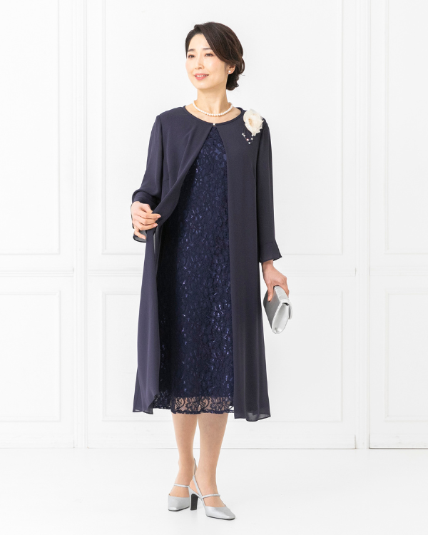 ネイビー】シフォンジョーゼット 長袖カバーアップ付き レースドレス