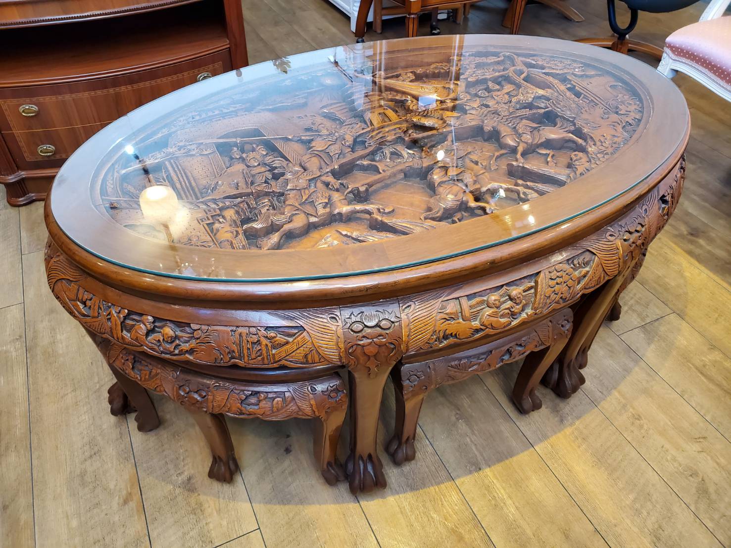 ☆木彫り テーブル＆チェア6脚セット アンティーク調 猫脚 インテリア