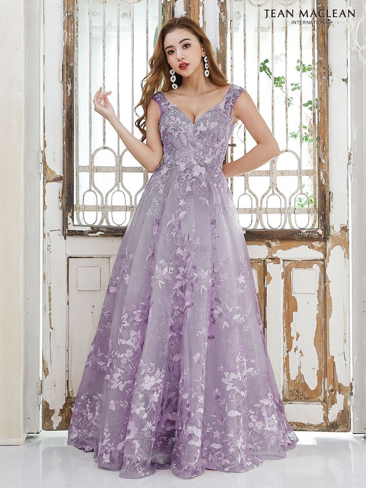 紫色フラワー刺繍Aラインドレス