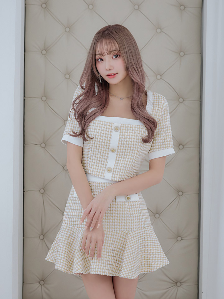 an/アン】千鳥柄/ ツイード/ セットアップ/ ボタン/ 半袖/ 袖あり/ 裾