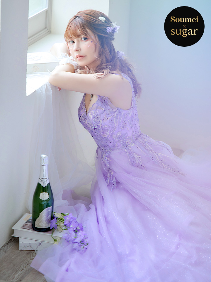 紫色フラワー刺繍Aラインドレス