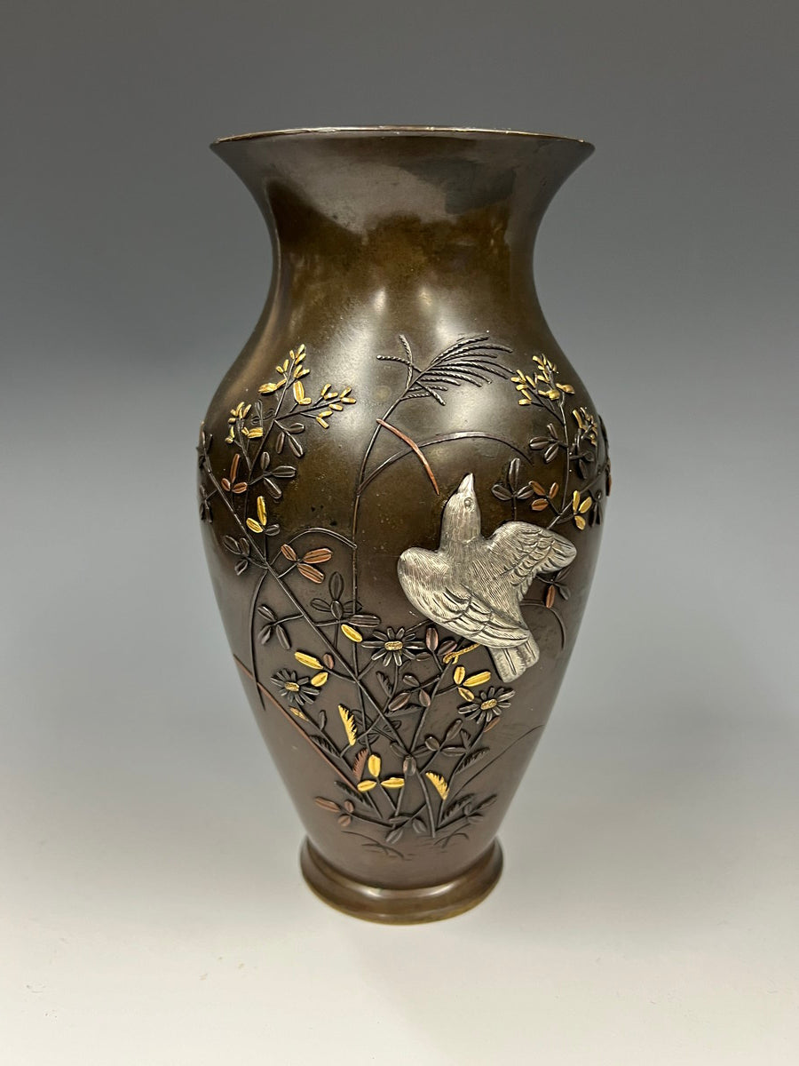 銅製 銀象嵌入花入」 青銅製銀象嵌入花器 182g：真作 時代