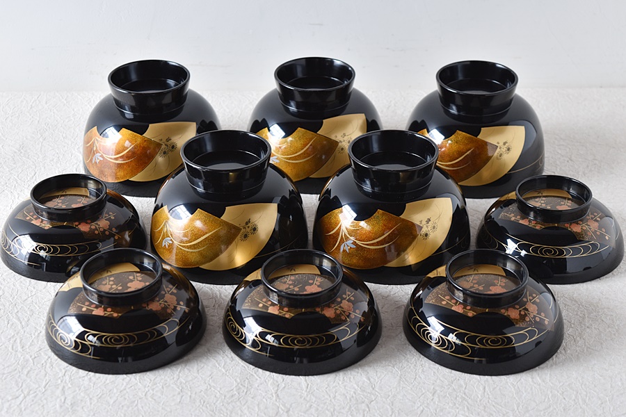 輪島塗 扇面蒔絵 松竹梅蘭菊 流水 雑煮椀 5客セット - 生活骨董と古布