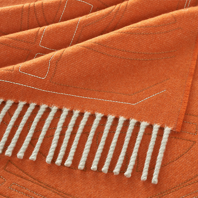 カシミヤマフラー 《エプロン・ドール》 刺繍 - オレンジ | Hermès