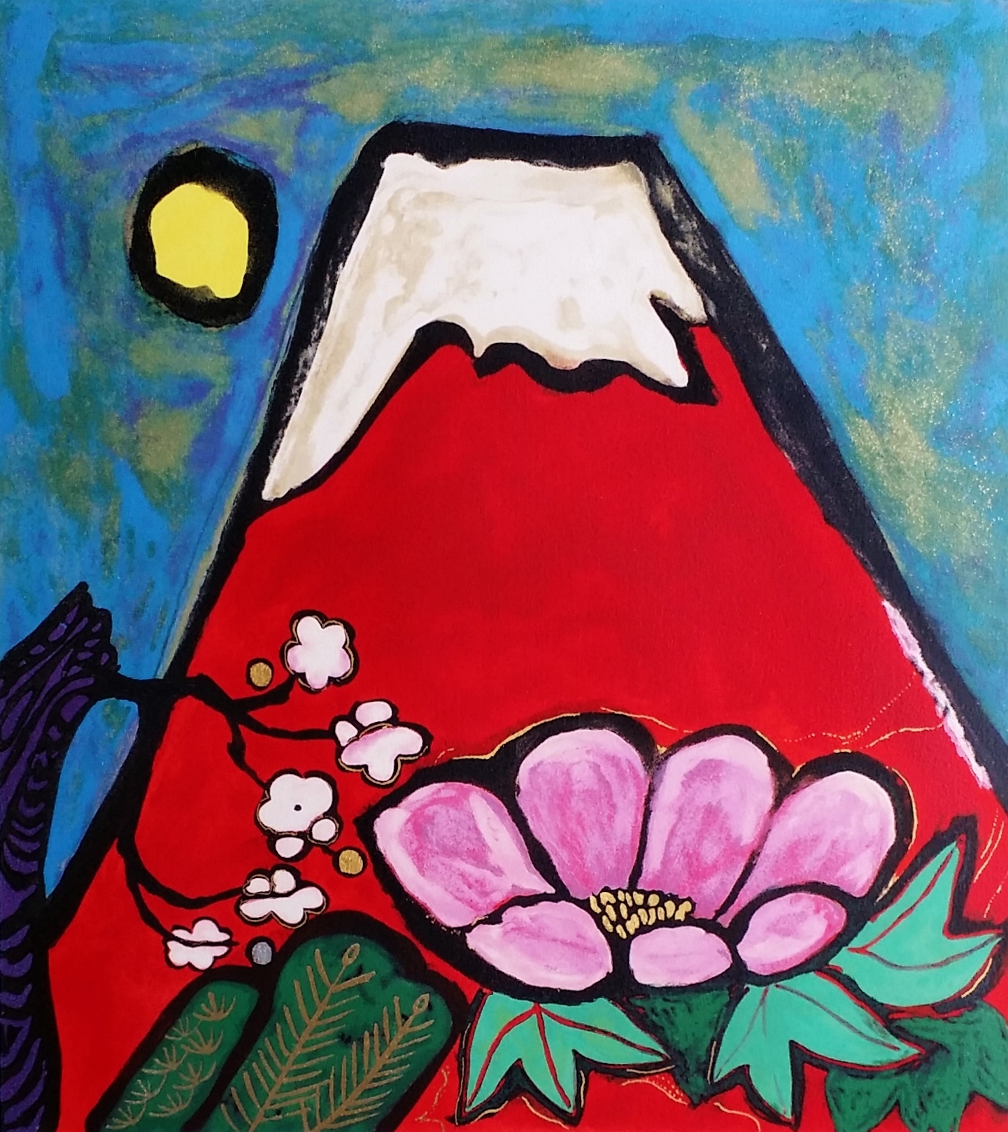 片岡珠子 風景画 手描き 6号 表裏サイン 印譜 額装 骨董 絵画 片岡球子