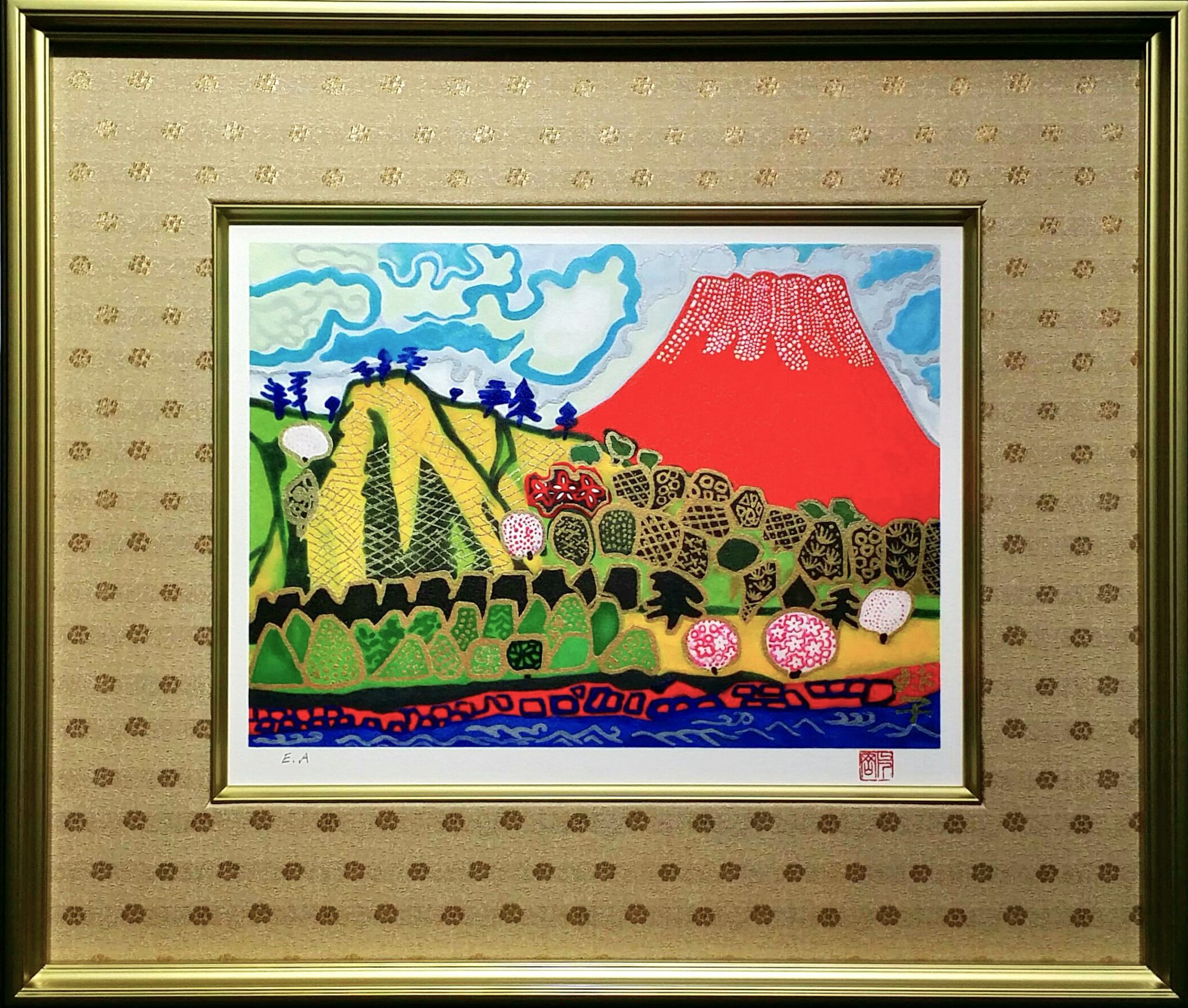 F4号】手描き油彩 片岡球子【富士】額縁 未使用額 サイン 落款 絵画 赤