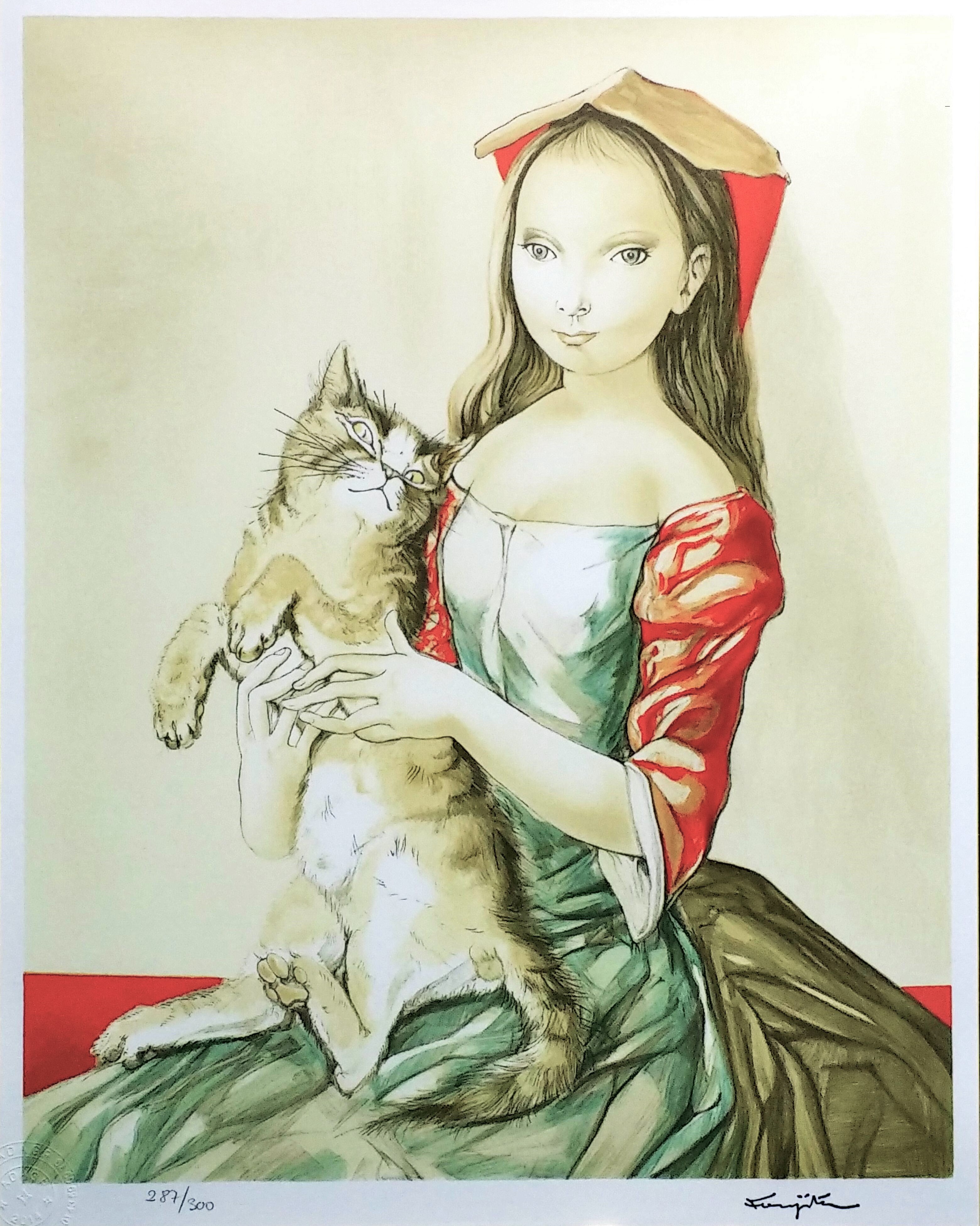 藤田嗣治（レオナール・フジタ）「猫を抱く少女」 作者サインあり 12