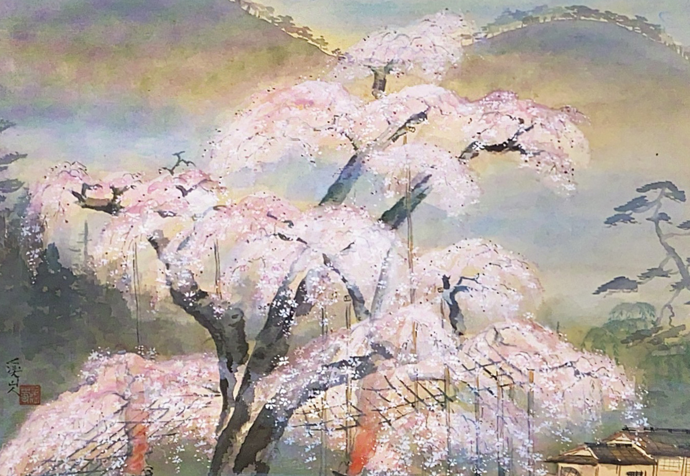 富田渓仙 紙本水墨画 【 春 日 】 妻富田芳子極め箱 軸先 木 347