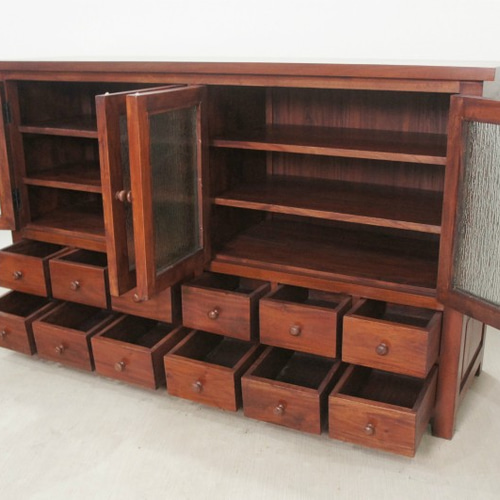 アンティーク調 マホガニー無垢 すりガラス扉 引出し12杯 食器棚