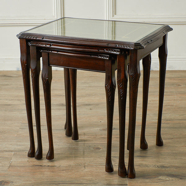 英国アンティーク ガラス天板 レザートップ ネストテーブル #35428