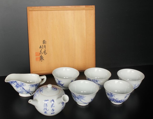 初代三浦竹泉 青華 漢詩 楓橋夜泊図 茶碗 6客 共箱/共布