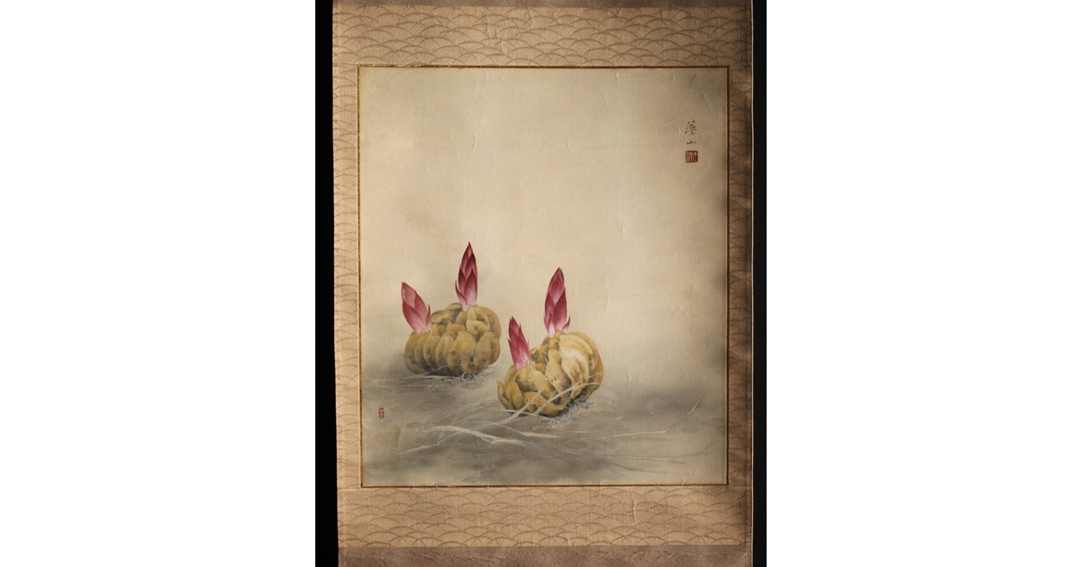 奥村藻山 百合図 絹本彩色掛軸 Z224｜骨董店 のびる 古美術 骨董 和風