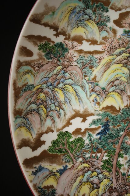 九谷 二代 上出喜山 山水楼閣図 大皿 P259｜骨董店 のびる 古美術 骨董