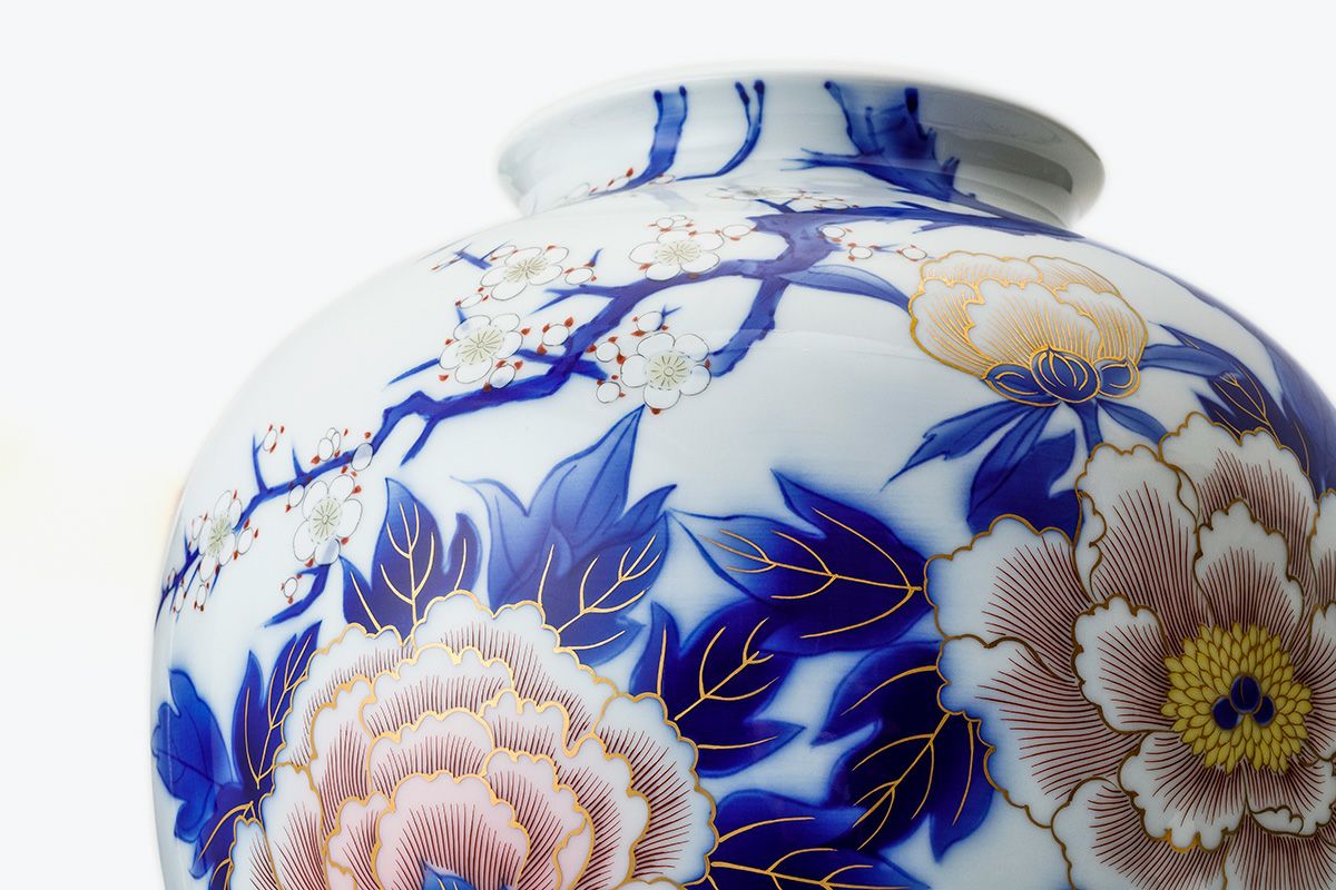 ♥【染付】竹笹・花絵柄竹筒型花瓶円筒形希少なヴィンテージ有田焼