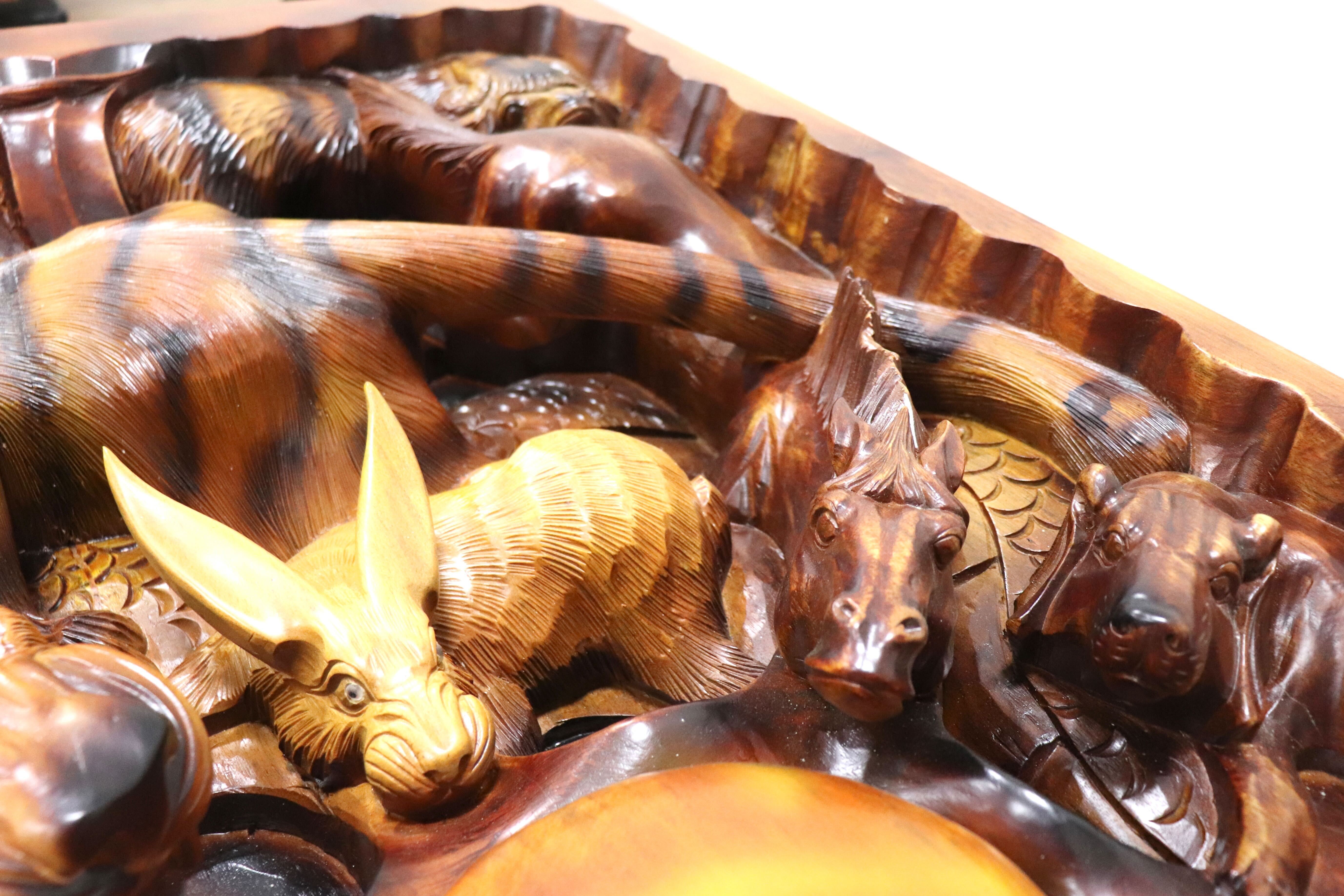 GMHS46○中国美術 十二支 木彫 彫刻 天然木 センターテーブル リビング