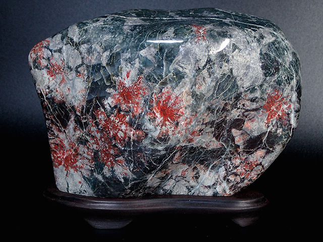 天然石 鑑賞石 菊花石 置物 重さ約1kg 唐木台付 古玩 V R6655 天然石